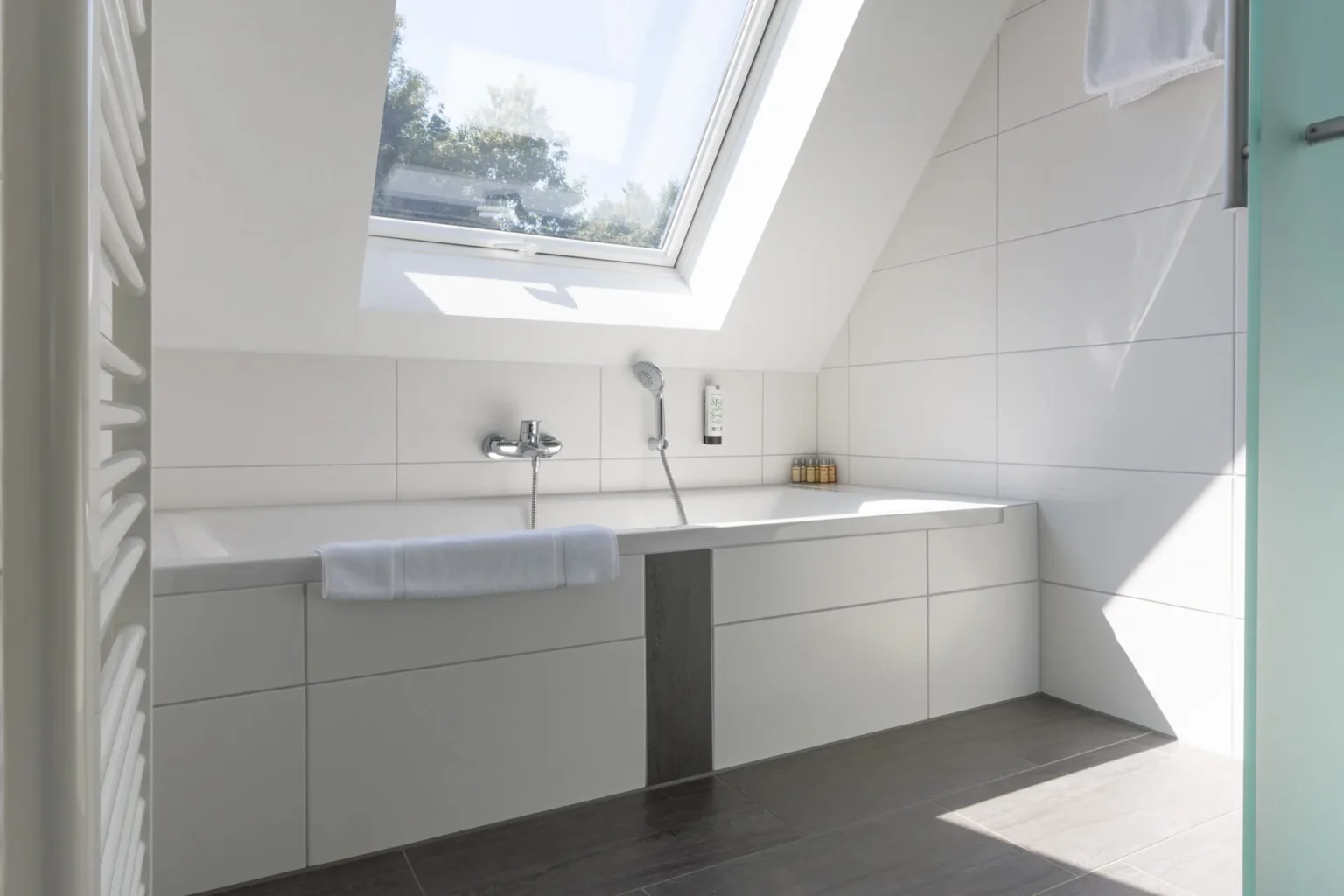 Blick auf eine große Badewanne mit Dachfenster und Sonneneinfall